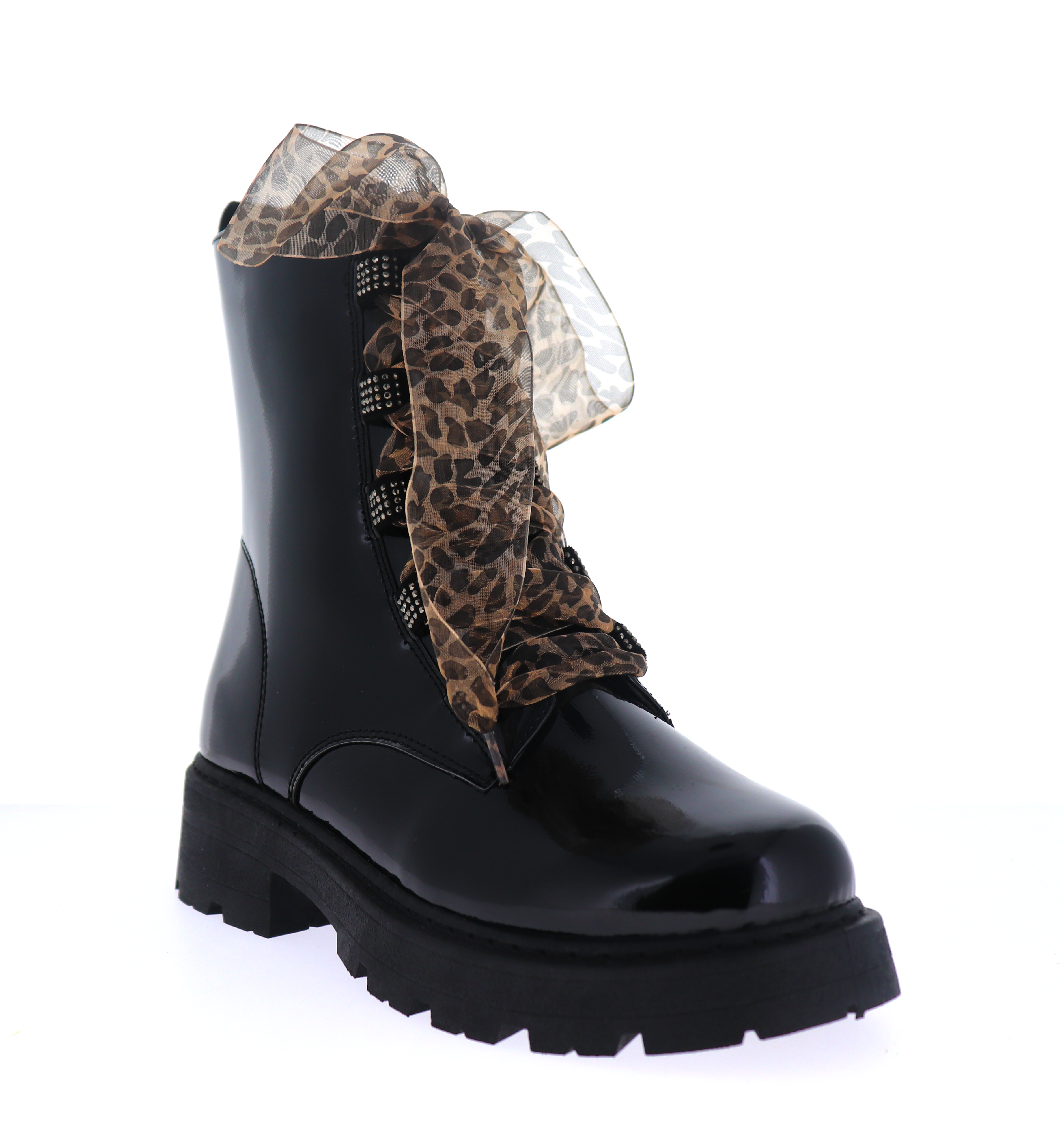 [Limited] LT Patent Lug Sole Combat Boots with Tulle Bow & Rhinestone Accents