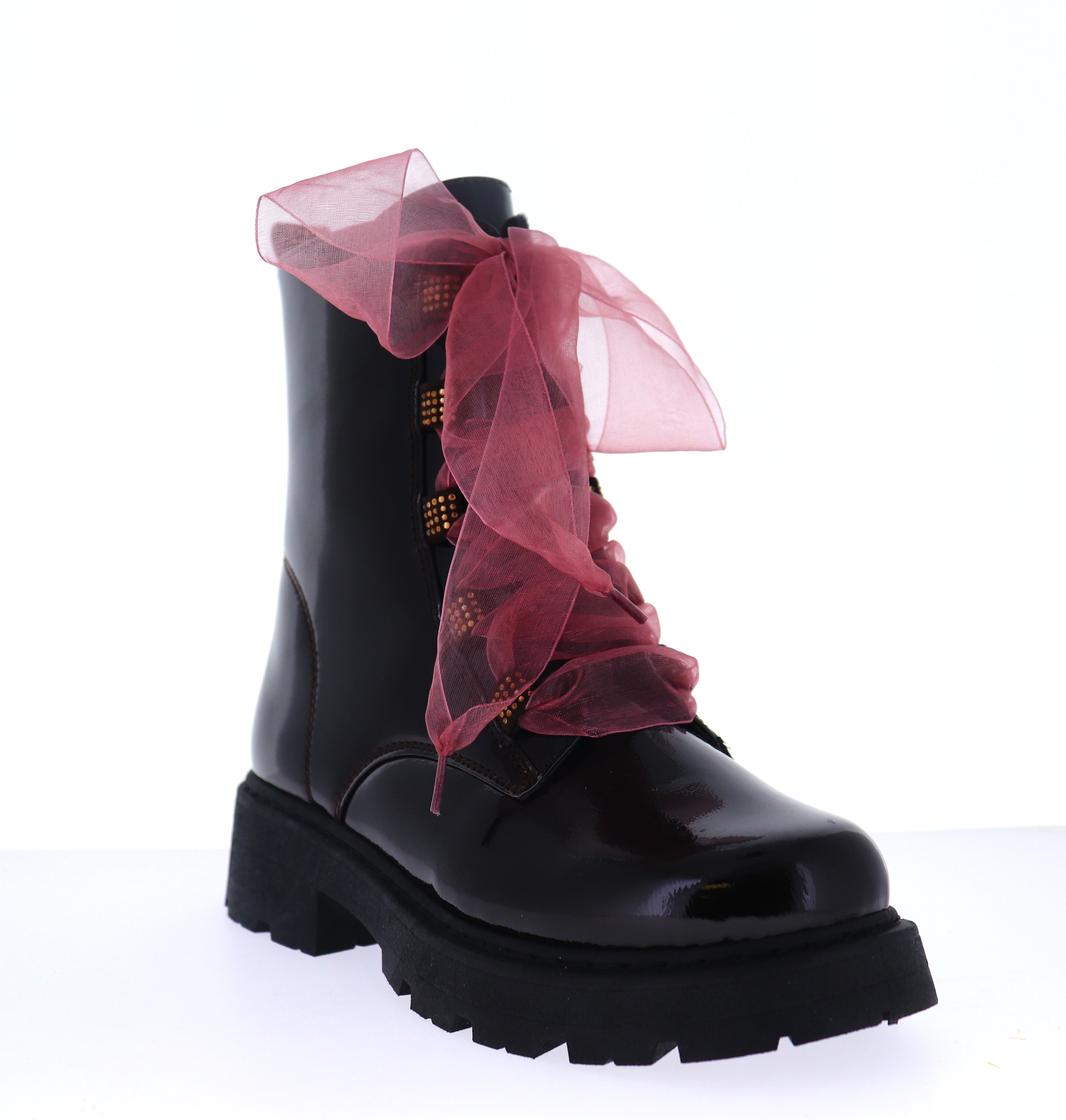 [Limited] LT Patent Lug Sole Combat Boots with Tulle Bow & Rhinestone Accents