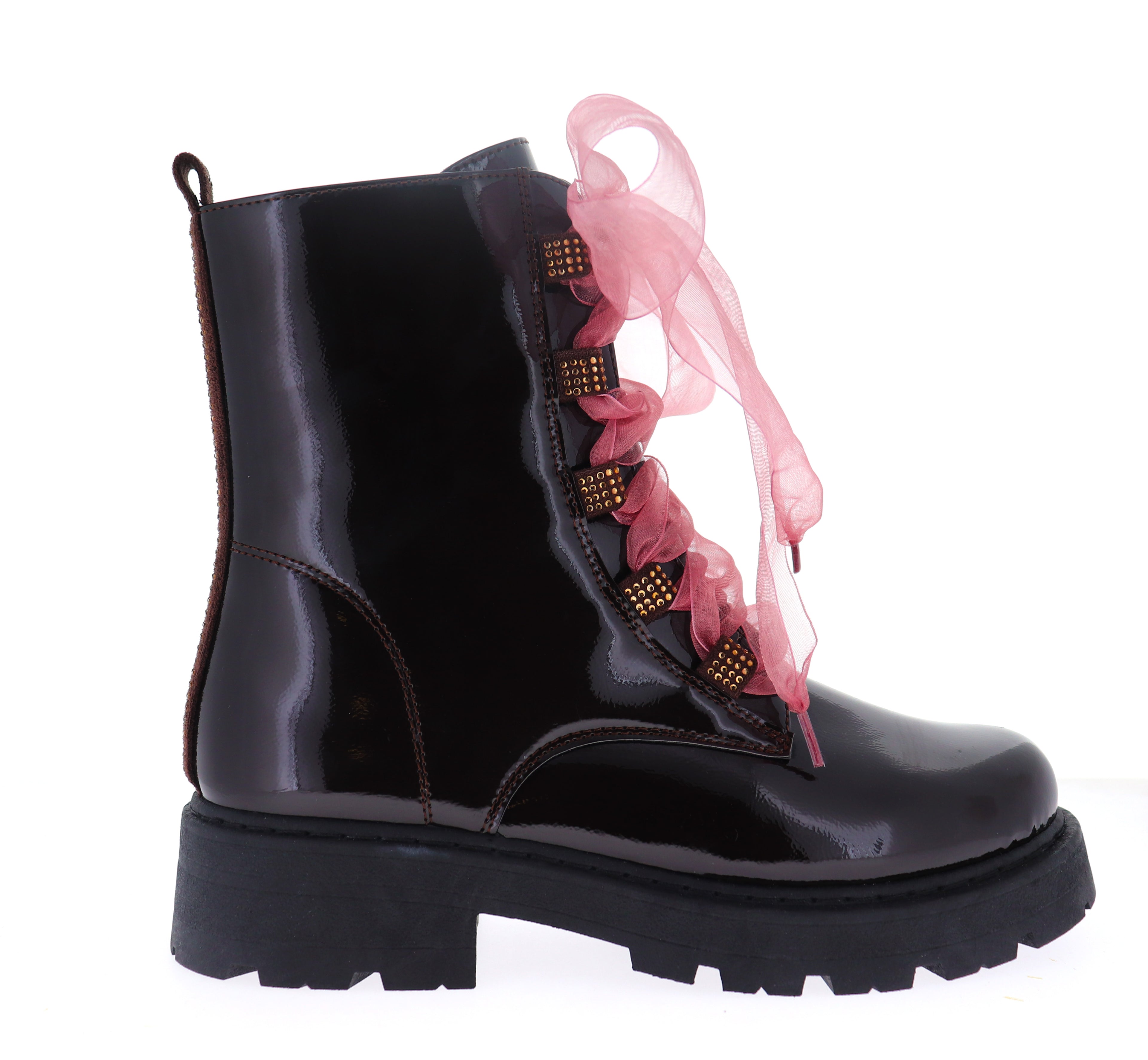 [Limited] LT Patent Lug Sole Combat Boots with Tulle Bow & Rhinestone Accents