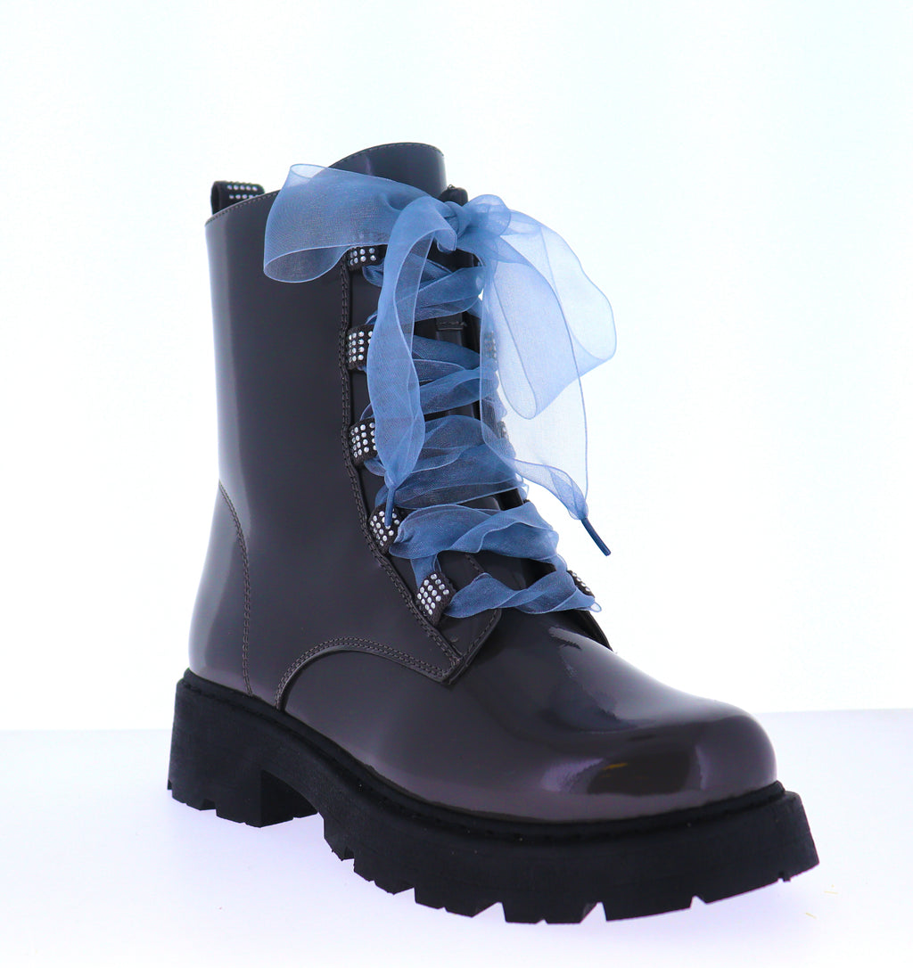[Limited] LT Patent Lug Sole Combat Boots with Tulle Bow & Rhinestone Accents