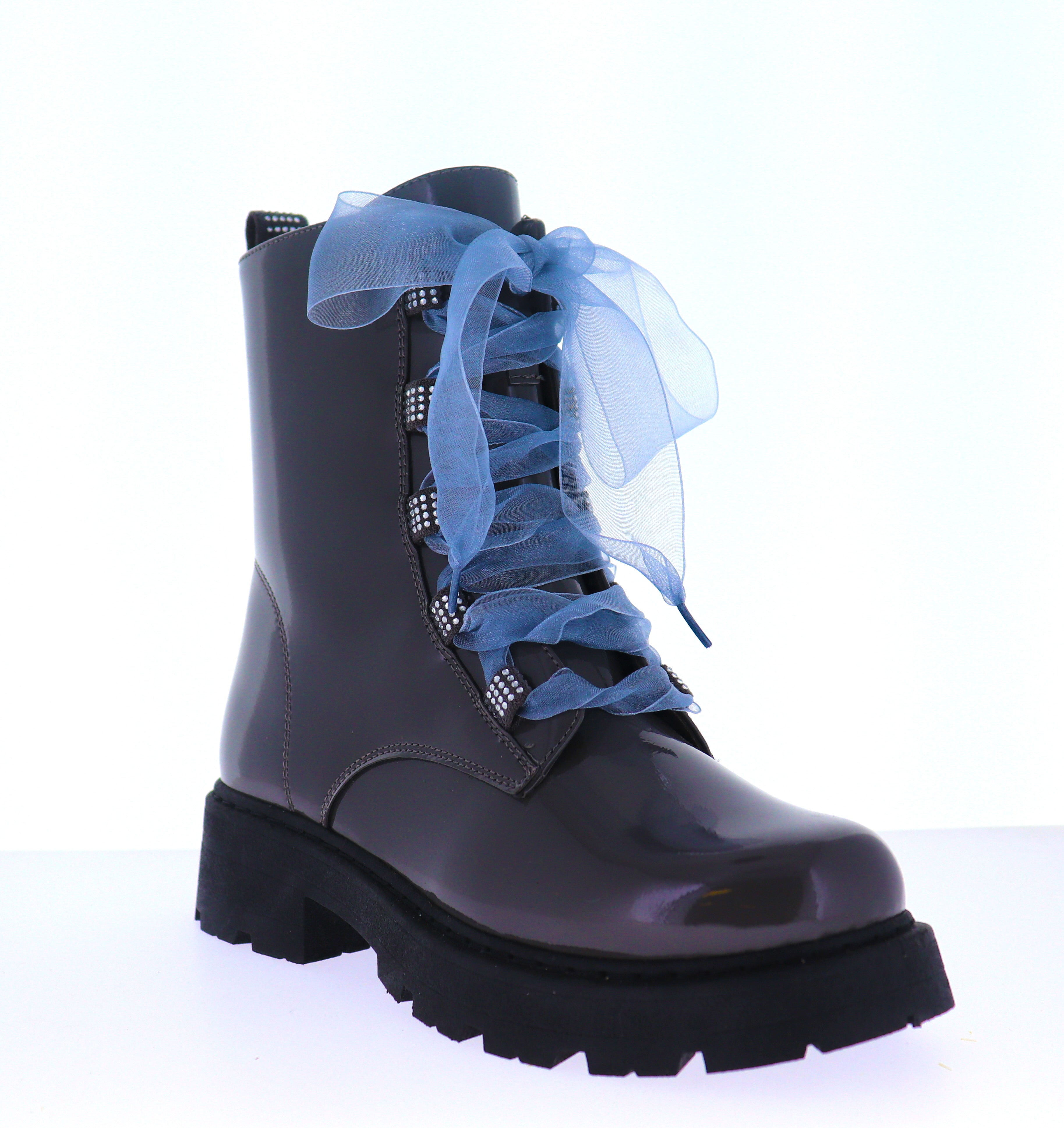 [Limited] LT Patent Lug Sole Combat Boots with Tulle Bow & Rhinestone Accents