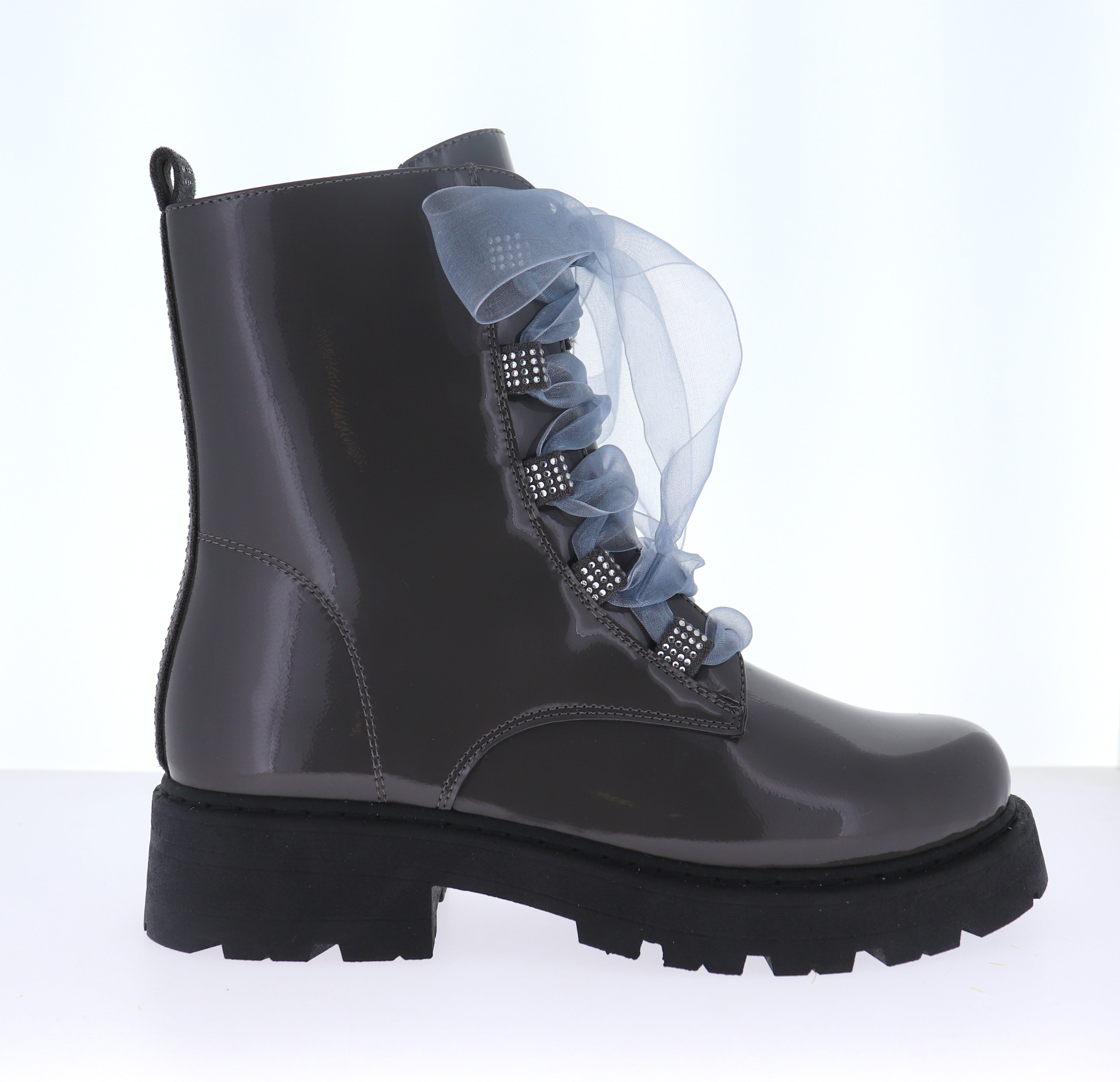 [Limited] LT Patent Lug Sole Combat Boots with Tulle Bow & Rhinestone Accents